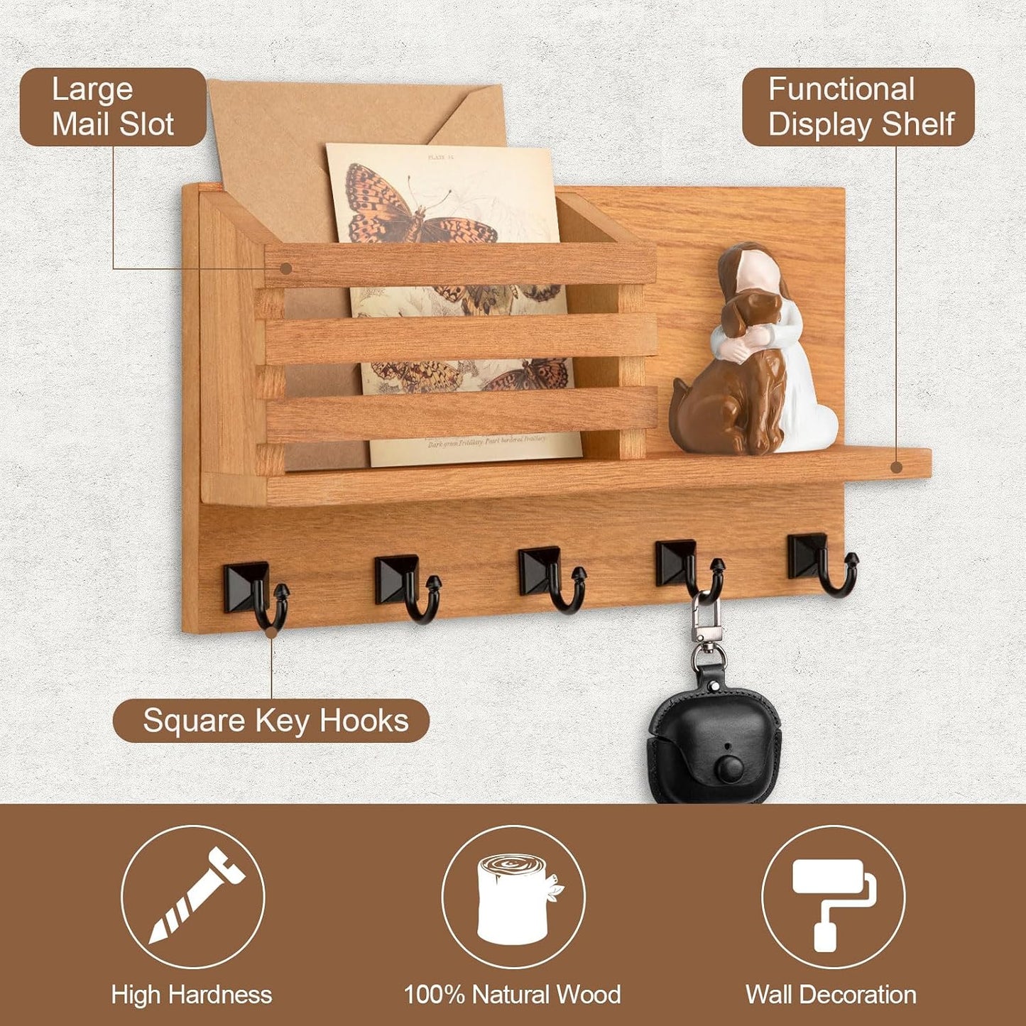 Key Holder Wall Mount, Mail Organizer for Wall with 5 Square Key Hooks | Key Holder for Wall, Key Holder with Shelf Farmhouse Home Decor for Home Entryway