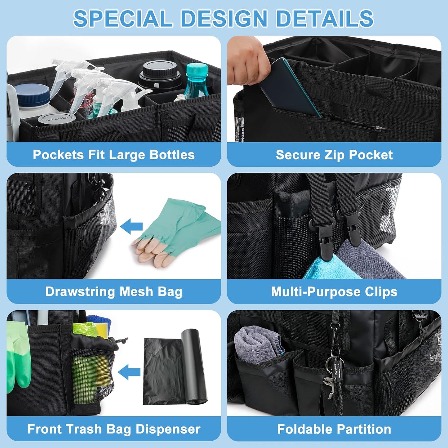Large Wearable Cleaning Caddy Bags, Cleaning Supplies Organizer with Adjustable Shoulder Straps & Divider, 14 inch Black Tool Bag for Housekeepers & Cleaners