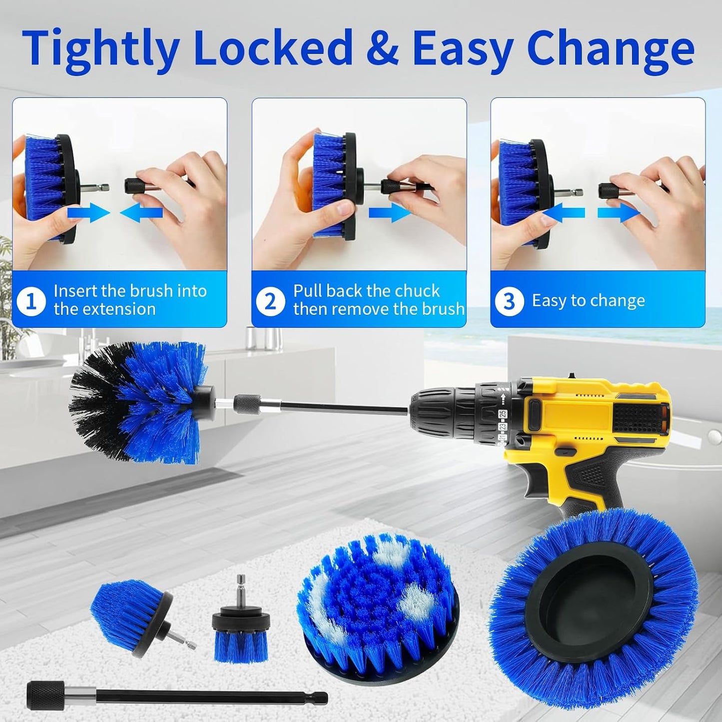 10 Pcs Drill Brush Attachment Set, Drill Scrubber Brush Kit, Drill Cleaning Brush, Scrub Brush for Grout Floor Tub Shower Bathtub Tile Sink Toilet Bathroom Kitchen Car Yellow