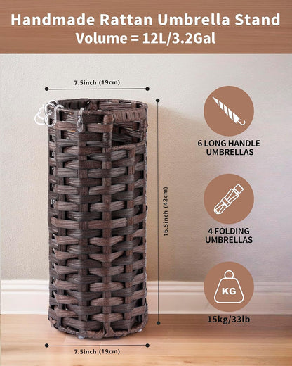 Rattan Umbrella Stand, Umbrella Holder for Entryway, Hand Woven Umbrella Rack Organizer Freestanding, with a Detachable Drip Tray, 4 Hooks, 7.5" L x 7.5" W x 16.5" H