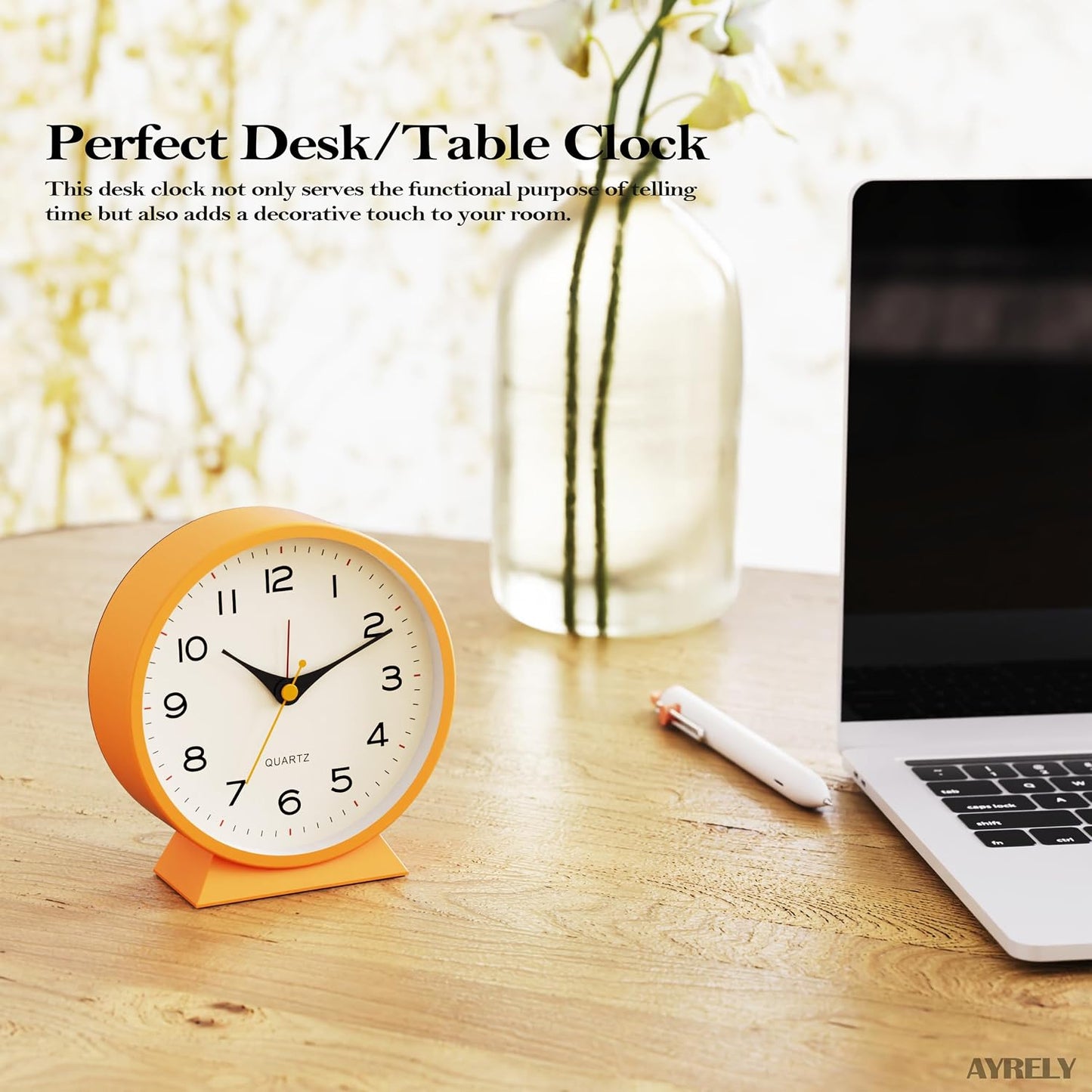 AYRELY® 4.5" Analog Alarm Clock, Small Retro Desk Clock and Table Clock | Battery Operated, Silent Metal Table Clock with Light for Living Room Decor, Bedroom, Bedside and Shelf (Orange)