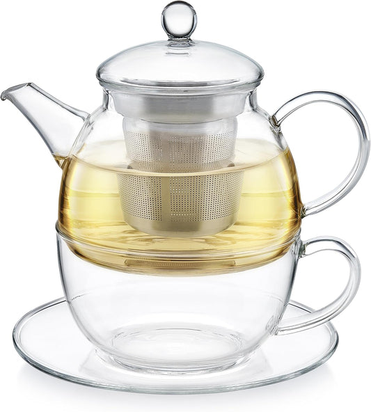 Teabloom Mindful Tea-for-One Set – 5-Piece Glass Teapot, Matching Cup & Saucer, Borosilicate & Stainless Steel Infusers, Elegant Gift for Personal Tea Rituals