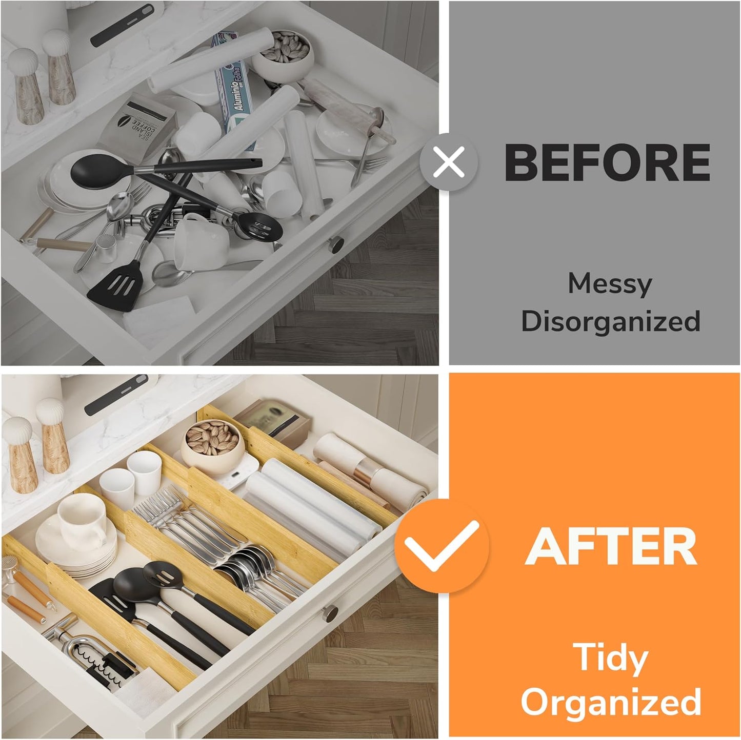 BAMEOS Bamboo Expandable Drawer Dividers – Fits 16.6"–22" Drawers, 2" High, Set of 4 | Spring-Loaded Bamboo Separator for Kitchen Island, Bathroom Vanity & Dresser Drawers