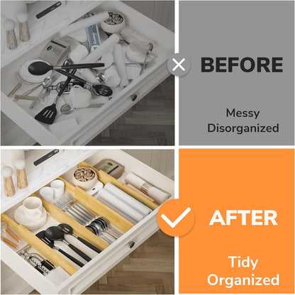 BAMEOS Bamboo Expandable Drawer Dividers – Fits 16.6"–22" Drawers, 2" High, Set of 4 | Spring-Loaded Bamboo Separator for Kitchen Island, Bathroom Vanity & Dresser Drawers