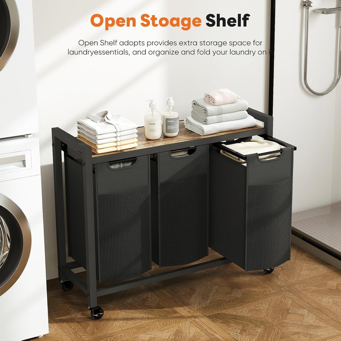 NEWBULIG Laundry Hamper Sorter with Wheels, Rolling Laundry Basket with Shelf & Removable Pull-Out Bag, Dirty Clothes Hamper for Room Organizer, 3 x 10.6 Gal (120L) - Rustic Brown and Black