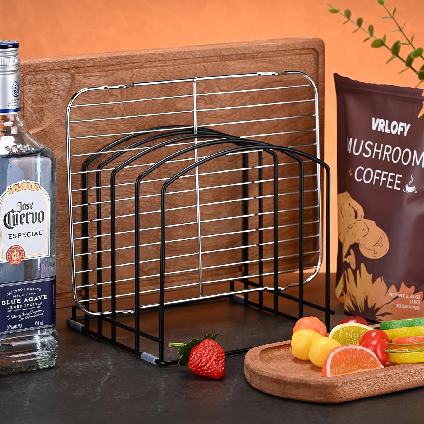Cutting Board Organizer, Matte Black | Heavy Duty Rack, 2 Extra Wide (1.38") & 3 Narrow (0.78") Slots
