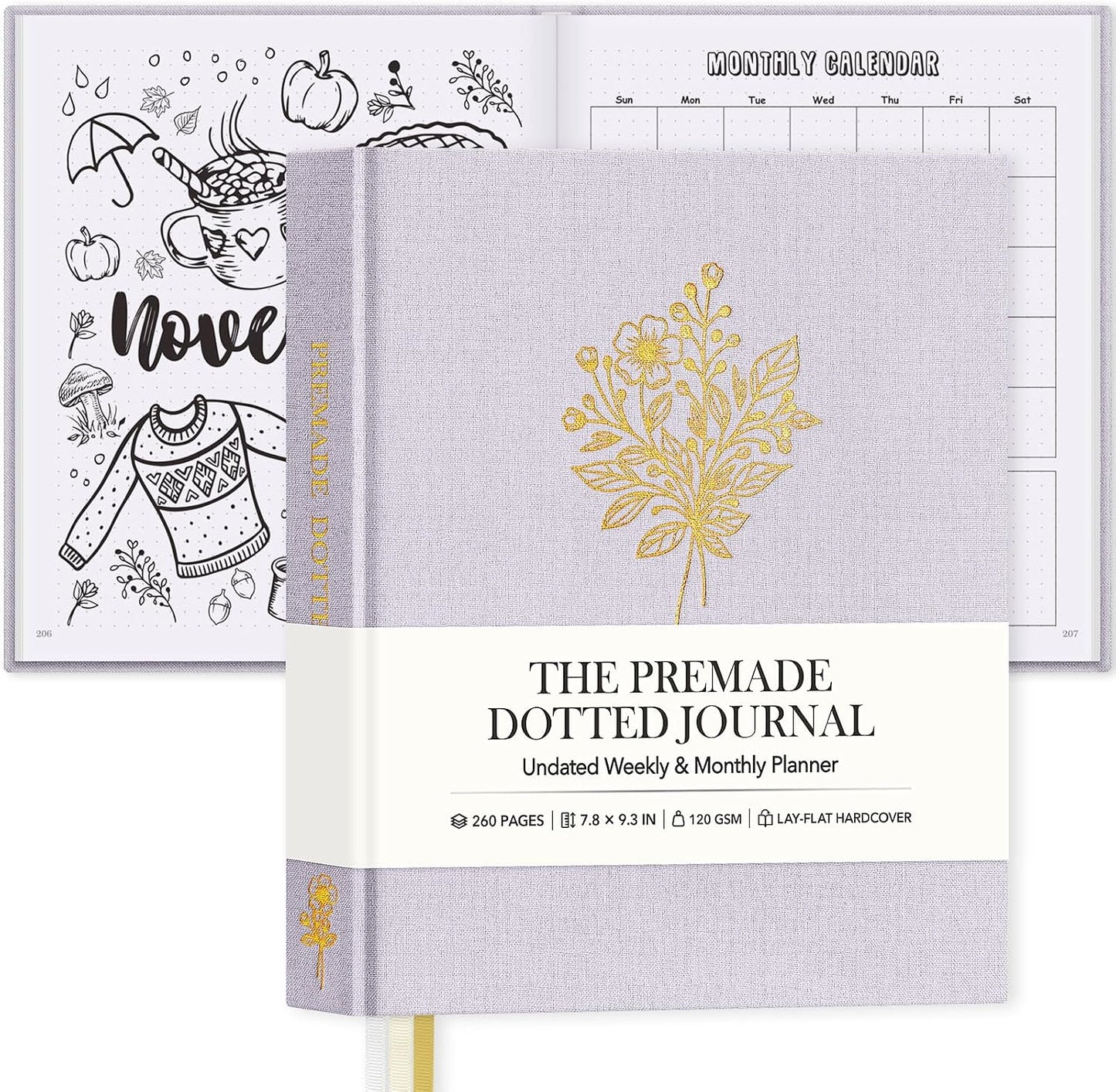 Everloria Premade Dotted Journal Notebook, 12 Months Pre-made Bullet Templates, 260 Hand-Drawn Coloring Pages, Undated Weekly & Monthly Planner, 7.8"x9.3" Linen Dot Grid Habit Mood Tracker, Lilac