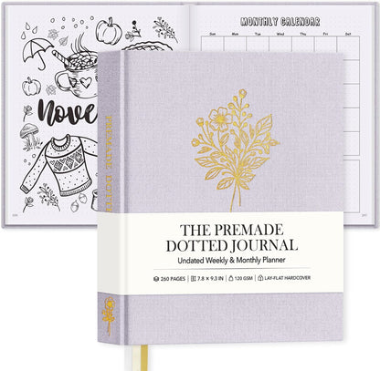 Everloria Premade Dotted Journal Notebook, 12 Months Pre-made Bullet Templates, 260 Hand-Drawn Coloring Pages, Undated Weekly & Monthly Planner, 7.8"x9.3" Linen Dot Grid Habit Mood Tracker, Lilac