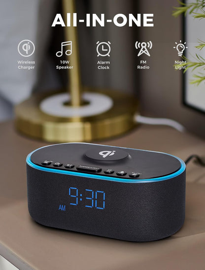 Odokee Qi Certified Wireless Charging Alarm Clock Radio for Bedroom
