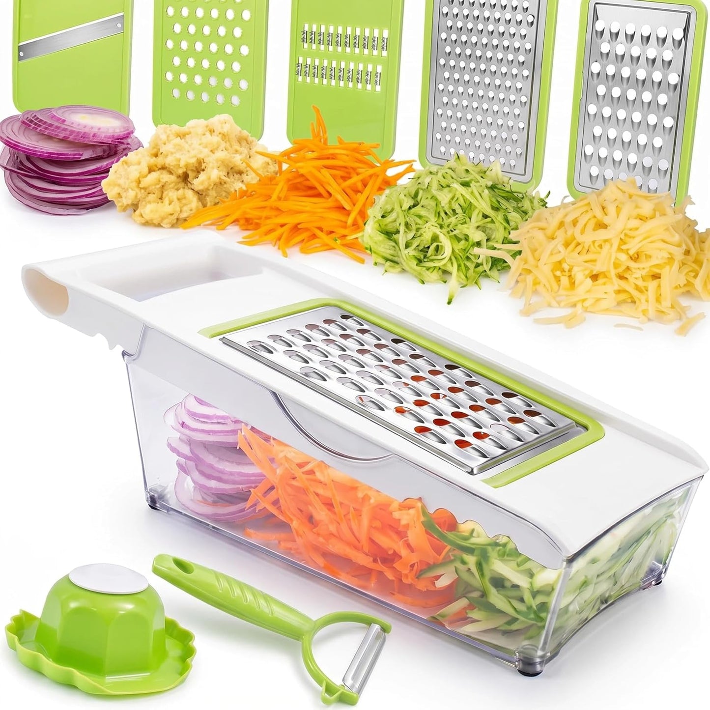 NACOLUS Cheese Grater with Container,5 In 1 Mandoline Slicer for Kitchen,Multi Purpose Vegetable Slicer, Easy to Clean Vegetable Chopper,Cheese Shredder,Julienne Slicer and Peeler | all-in-one vegetable slicer&cheese grater,with container or use