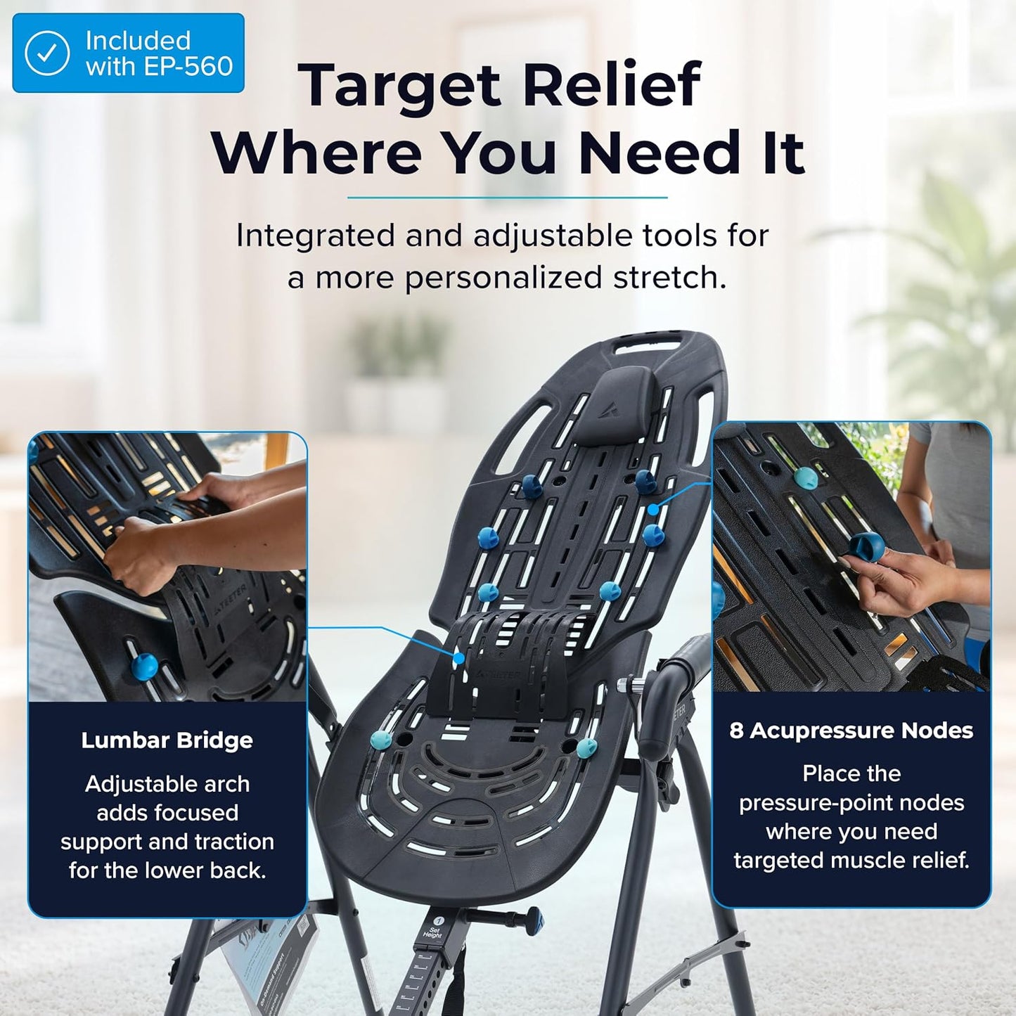 TEETER ComforTrak EP-560 Inversion Table, Decompression Surface for Full-Body Stretch, Ergo Embrace Ankle Supports, Integrated Accessories, UL Safety Certified, Heavy-Duty 300 lb Capacity