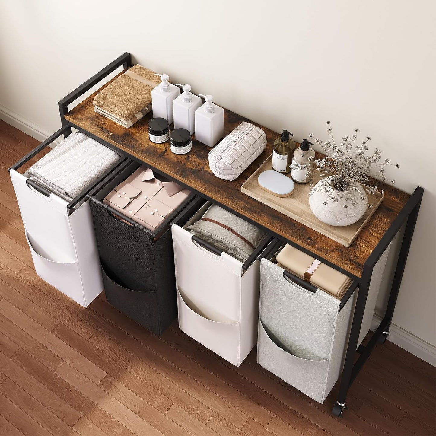 HOOBRO Laundry Sorter 4 Sections, Laundry Hamper with Wheels, 4 × 10.5 Gal (39.8L), Rolling Laundry Basket, Pull-Out and Removable Oxford Fabric Bags, Greige and Black BG04XY01