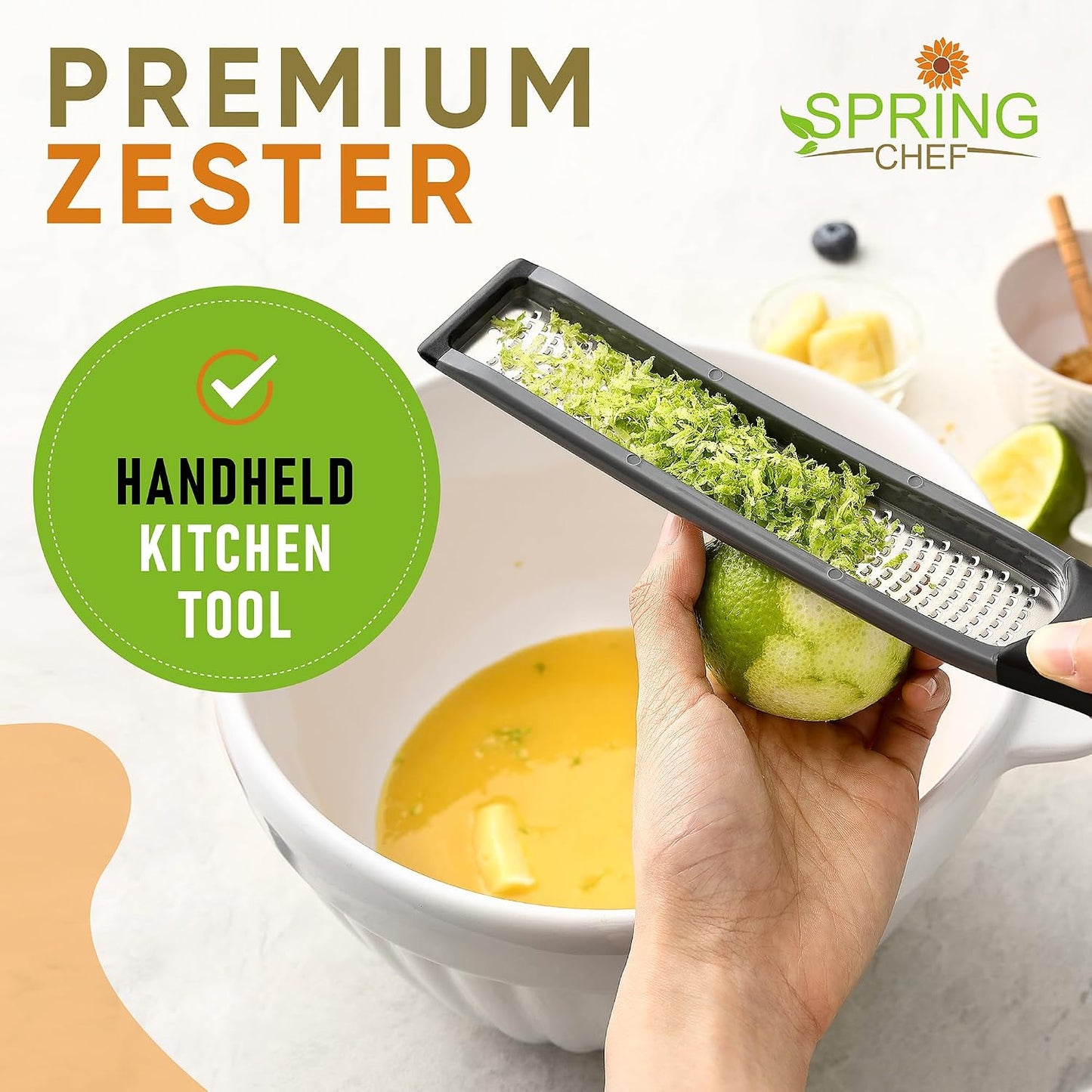 Spring Chef Stainless Steel Lemon Zester - Garlic & Ginger Grater - Gray | Premium Zester with Blade Cover, Cheese Grater with Handle for Parmesan, Nutmeg, Lime - Durable Citrus Zester, Fine Shred