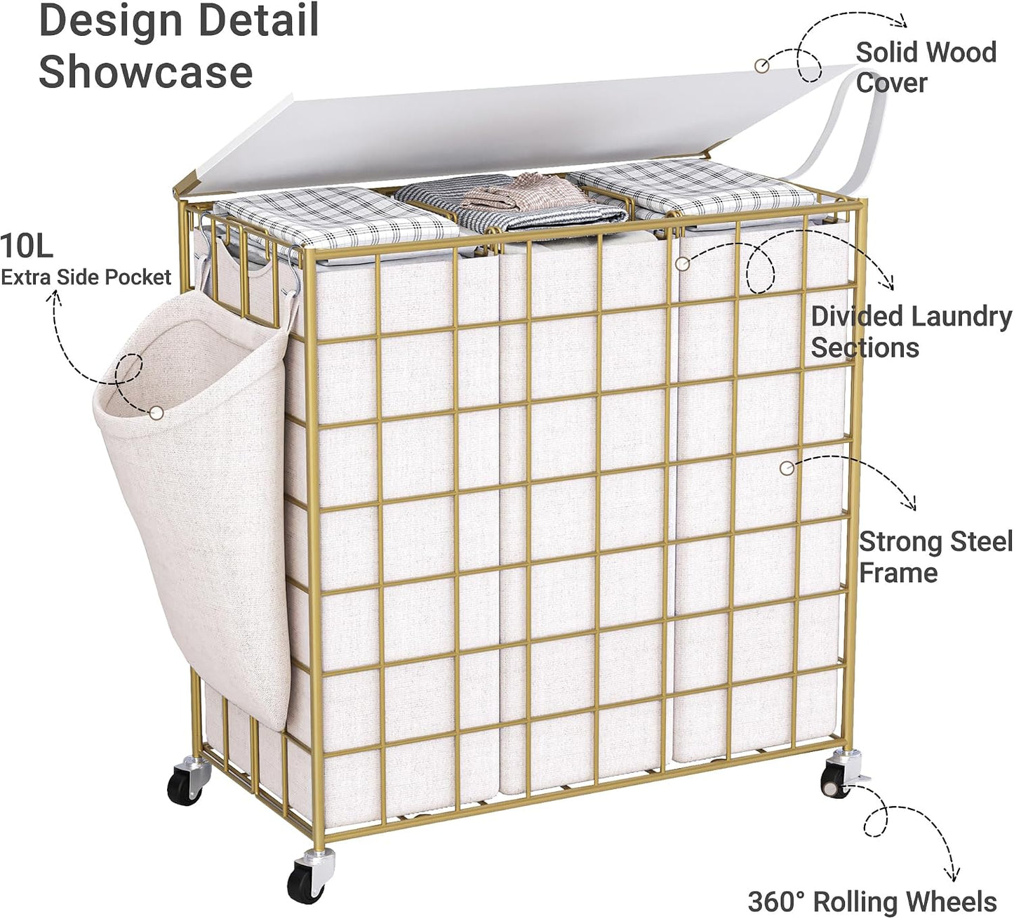 90L Laundry Basket with Wheels, Large Capacity Laundry Hamper with Removable Liner Bags, Heavy Duty Laundry Sorter with Solid Wood Lid & Leather Handles, Grey