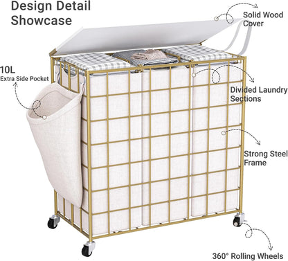 90L Laundry Basket with Wheels, Large Capacity Laundry Hamper with Removable Liner Bags, Heavy Duty Laundry Sorter with Solid Wood Lid & Leather Handles, Grey