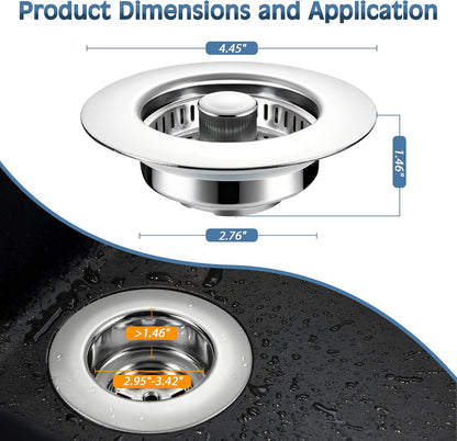 TGOSOMT Kitchen Sink Drain Strainer Stopper, Anti-Clog & Quick Drain | 3-IN-1 Design, Stainless Steel 304, Removable Strainer Basket, Corrosion & Scratch Resistant, Fits US Standard 3-1/2" Drain