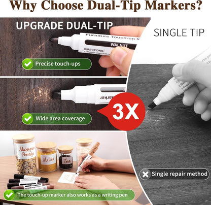 Dual Tip Furniture Markers Touch Up, Upgrade 13 Pcs Markers Furniture Repair Kit, Touch Up Paint Pen and Wood Filler Putty Stick with Sharpener Kit, for Stain Remover, Floor Scratch Repair