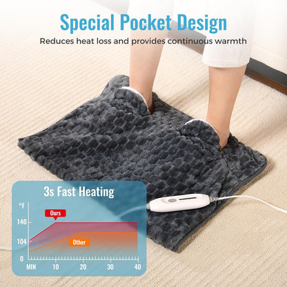 Electric Heated Foot Warmer Soft Flannel Foot Heater with 2h Auto Off & 3 Heat Levels Full Body Use Heating Pad for Feet, Abdomen, Cramps, Pain Relief Pocket Design 16" x 22" Light Grey