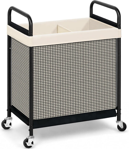 STORAGE MANIAC Rolling Laundry Hamper with Wheels 2-Section Laundry Sorter Rolling Laundrys Basket on Wheels with Removable Bag Clothes Hamper Laundrys Organizer Cart Bathroom Bedroom 100L Beige