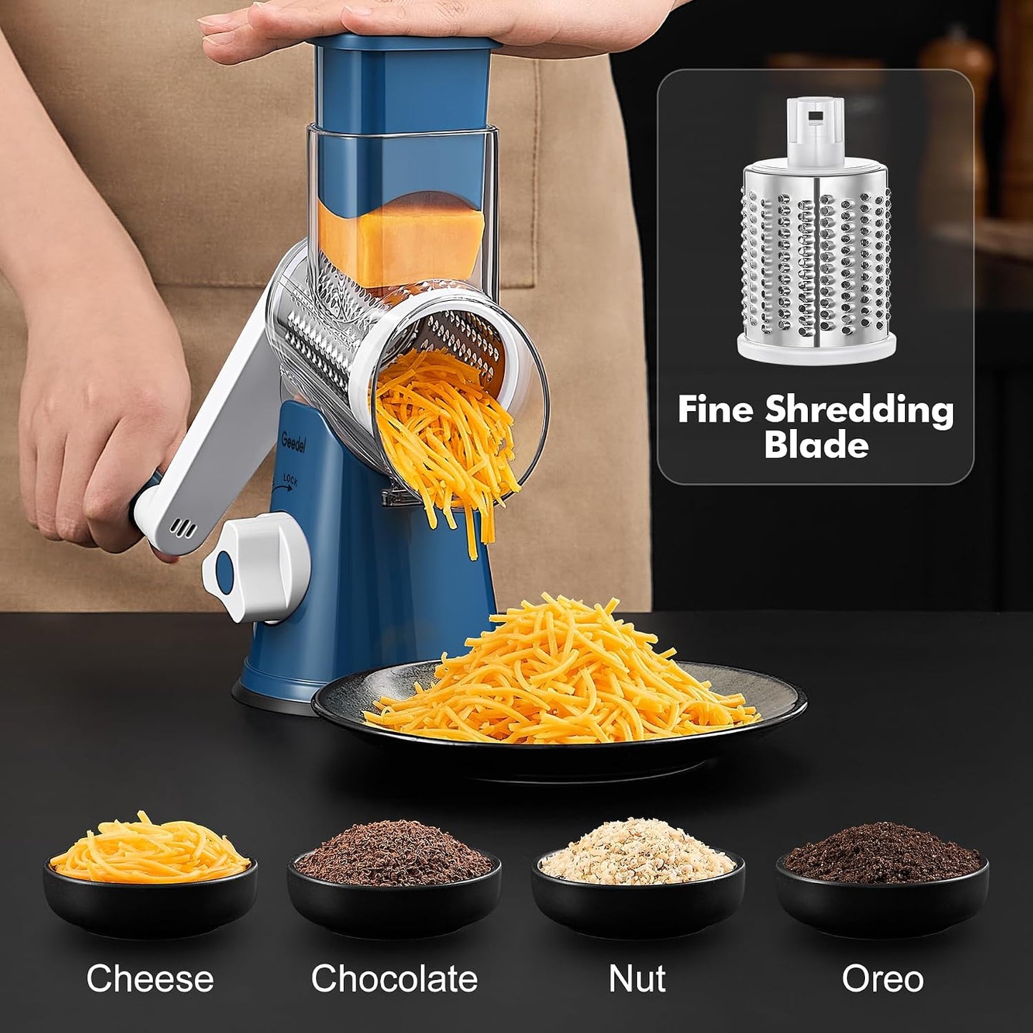 Geedel Rotary Cheese Grater, Kitchen Mandoline Vegetable Slicer with 3 Interchangeable Blades, Easy to Clean Rotary Grater Slicer for Fruit, Vegetables, Nuts | 3 Blades, 430 Stainless Steel, 12x Fast Cutting, Strong Suction Base, No BPA, Dishwasher Safe,