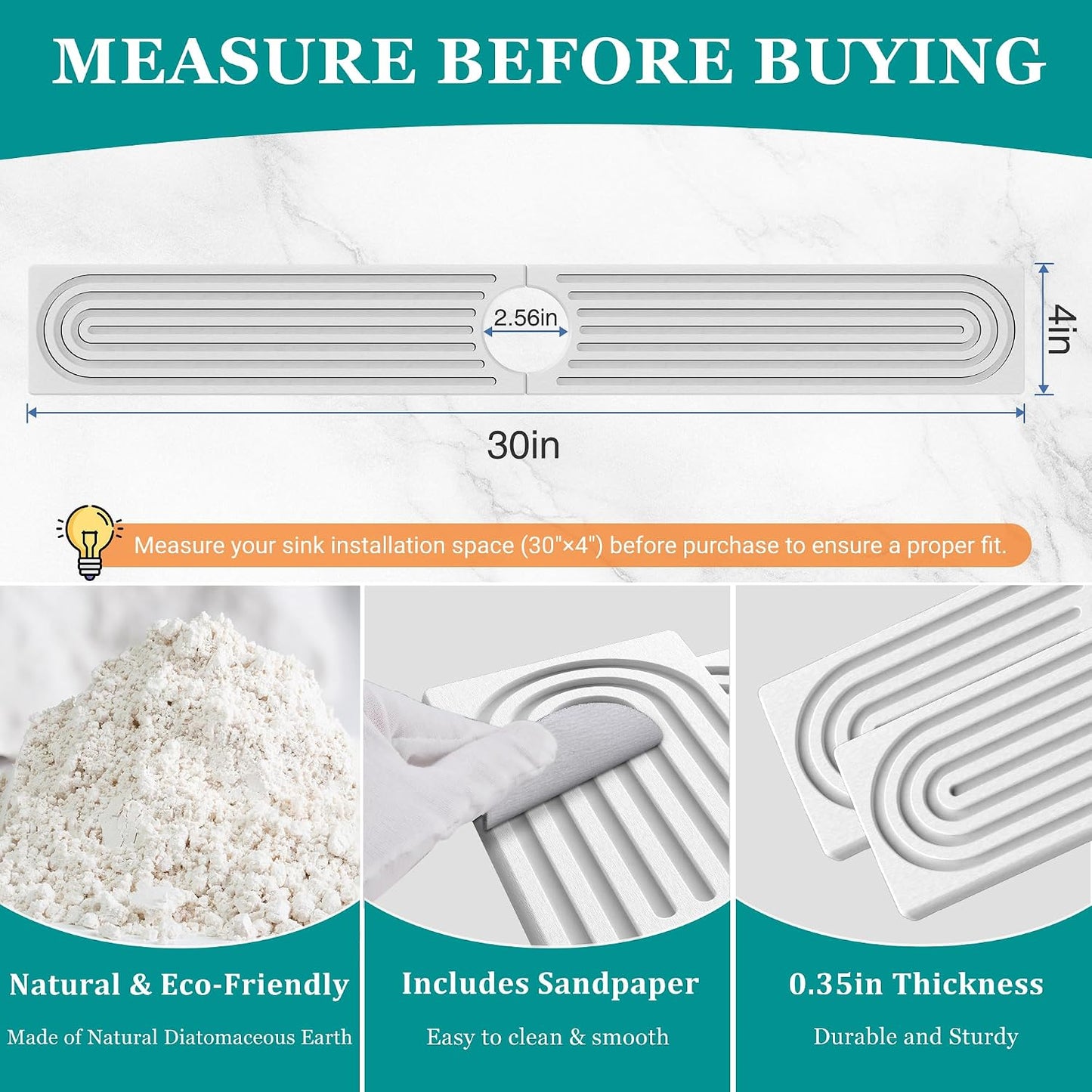 Stone Faucet Mat for Kitchen Sink - Quick Dry Diatomite Sink Splash Guard, Prevents Moisture Buildup & Water Stains, Water Absorbing Stone Tray for Bathroom Countertop (Dark Gray, 23.6" x 4")