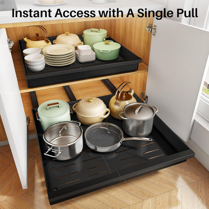 Pull out Cabinet Organizer, 1-Pack Expandable(13.6"-24") Silde out Drawers with Raising Pad for Framed Cabinets, Adjustable Full-Extension Adhesive Roll out Shelves for Kitchen Pantry Home Pot and Pan
