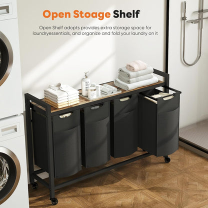 NEWBULIG Laundry Hamper Sorter with Wheels, Rolling Laundry Basket with Shelf & Removable Pull-Out Bag, Dirty Clothes Hamper for Room Organizer, 3 x 10.6 Gal (120L) - Rustic Brown and Black