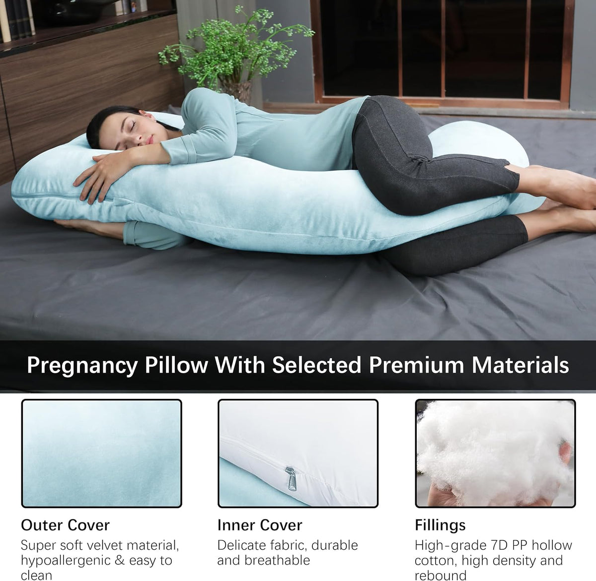 MOON PARK Pregnancy Pillows for Sleeping - 57 Inch U Shaped Full Body Maternity Pillow with Removable Cover - Support for Back, Legs, Belly, Hips - Pregnancy Pillow for Women - Grey