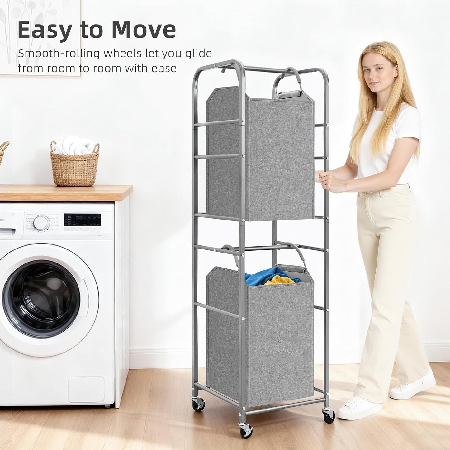 STORAGE MANIAC 2 Tier Vertical Laundry Hamper, 2 Section Laundry Sorter with 2 Removable Tote Bags, Rolling Clothes Basket for Towels, Blankets, Tall Dirty Clothes Hamper for Closet, 2 Bags Gray