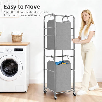 STORAGE MANIAC 2 Tier Vertical Laundry Hamper, 2 Section Laundry Sorter with 2 Removable Tote Bags, Rolling Clothes Basket for Towels, Blankets, Tall Dirty Clothes Hamper for Closet, 2 Bags Gray