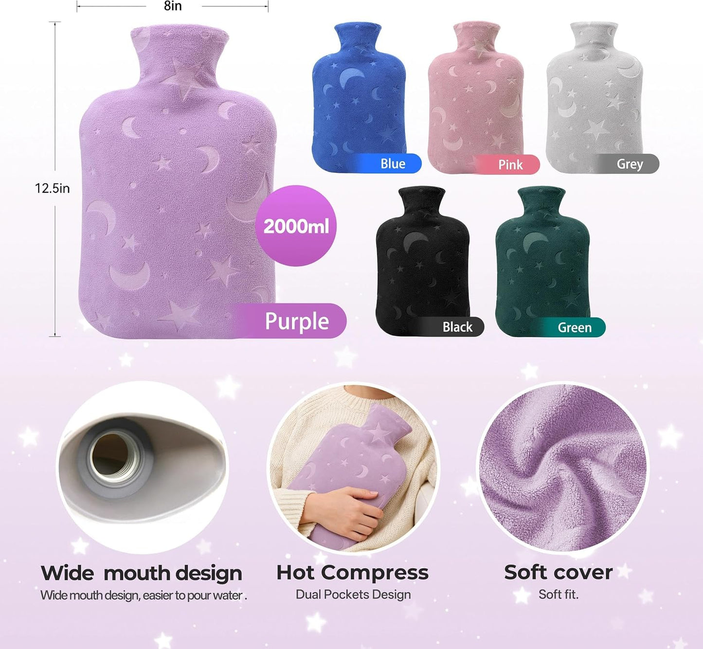 Hot Water Bottle with Soft Cover, 2L Hot Water Bag for Menstrual Cramps, Neck and Shoulder Pain Relief, Hot and Cold Therapies, Hand Feet Warmer, Blue