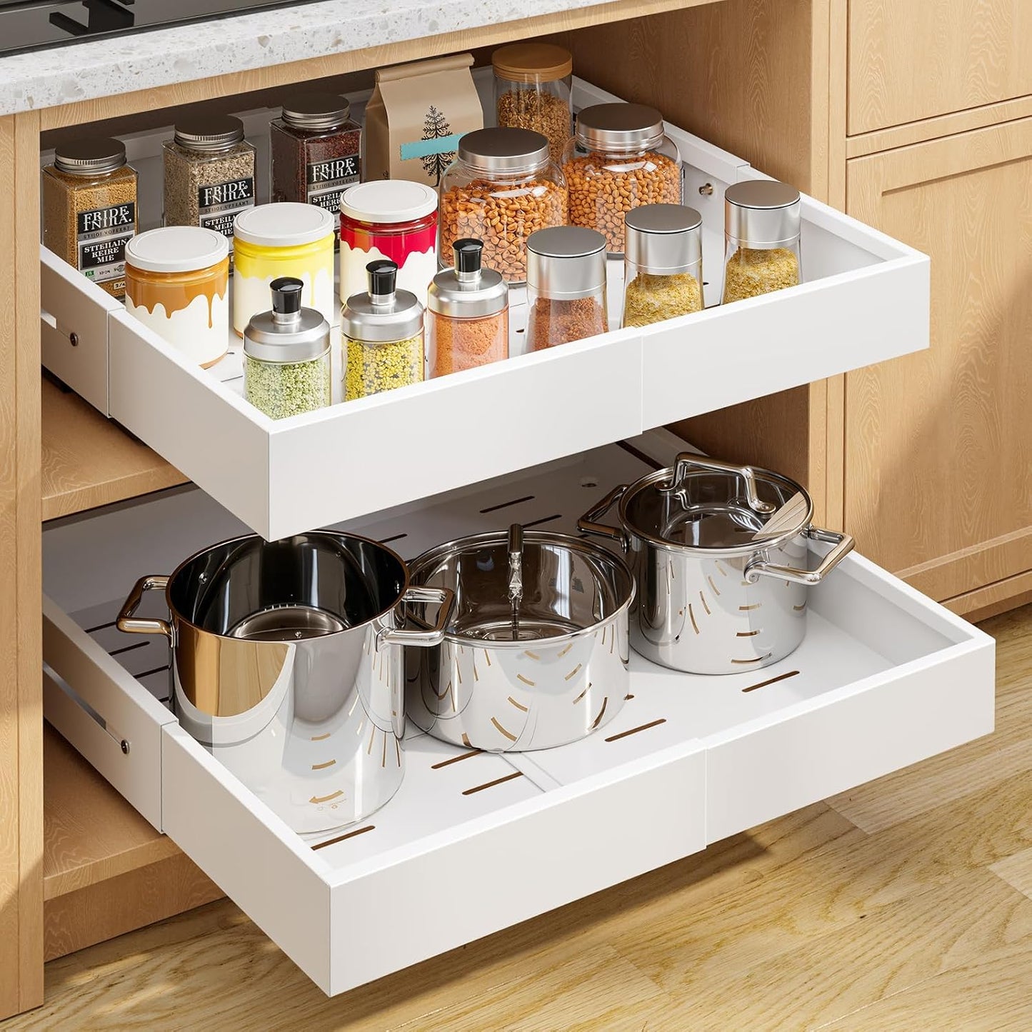 Kitsure Pull Out Cabinet Organizer - 2 Pack(12.6"-21" D x 12"-20.4" W) Expandable Sliding Cabinet Shelves, Smooth Glide Drawer Organizer, Kitchen & Pantry Storage, Framed & Frameless Cabinets