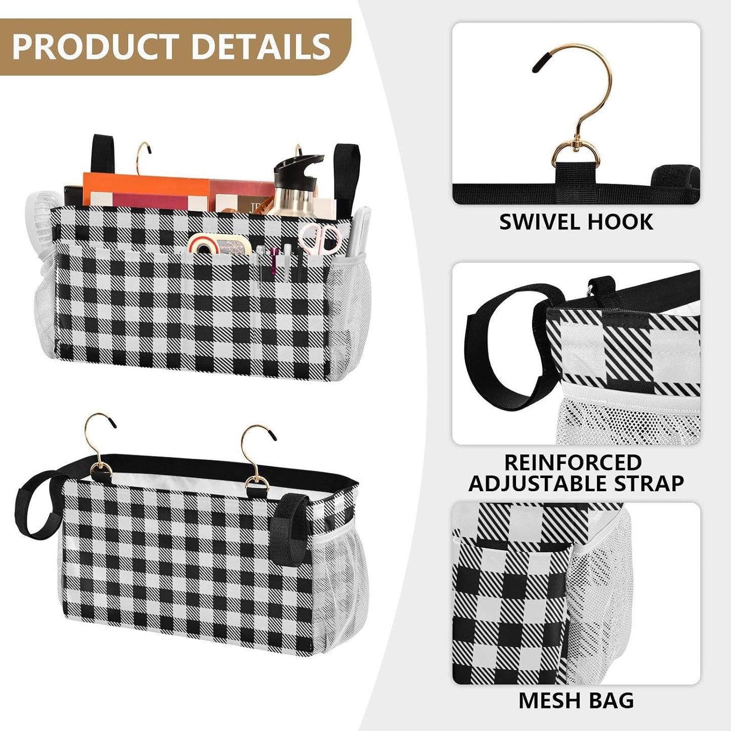 Black Bedside Caddy Storage Bag Bedside Organizer for Bed Rails College Dorm Room Organizer Caddy Hanging Shelf 6 Pockets with Hooks for Drinks Magazine Phone Holder