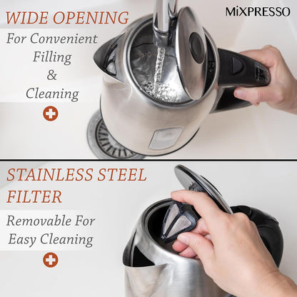 Mixpresso Electric Kettle Temperature Control, Hot Water Kettle Electric, Cordless 1 Liter Capacity, Keep Warm & LED Indicator, Auto-Shutoff, Boil-Dry Protection, Stainless Steel Electric Kettle