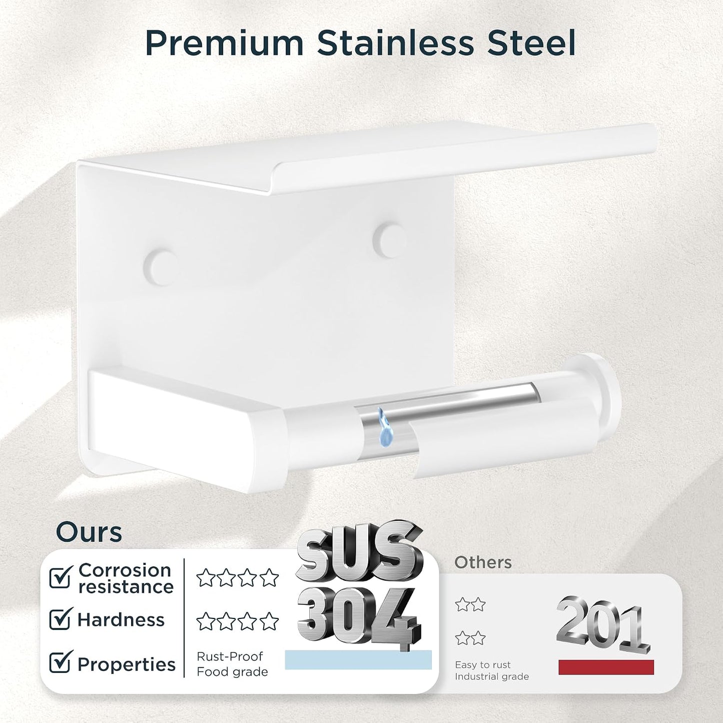 FORIOUS Toilet Paper Holder with Shelf, Adhesive or Screw, Commercial | Brushed Nickel | Wall Mount Bathroom Tissue Holder | SUS304 Stainless Steel Rustproof | Bathroom Tissue Roll Holder