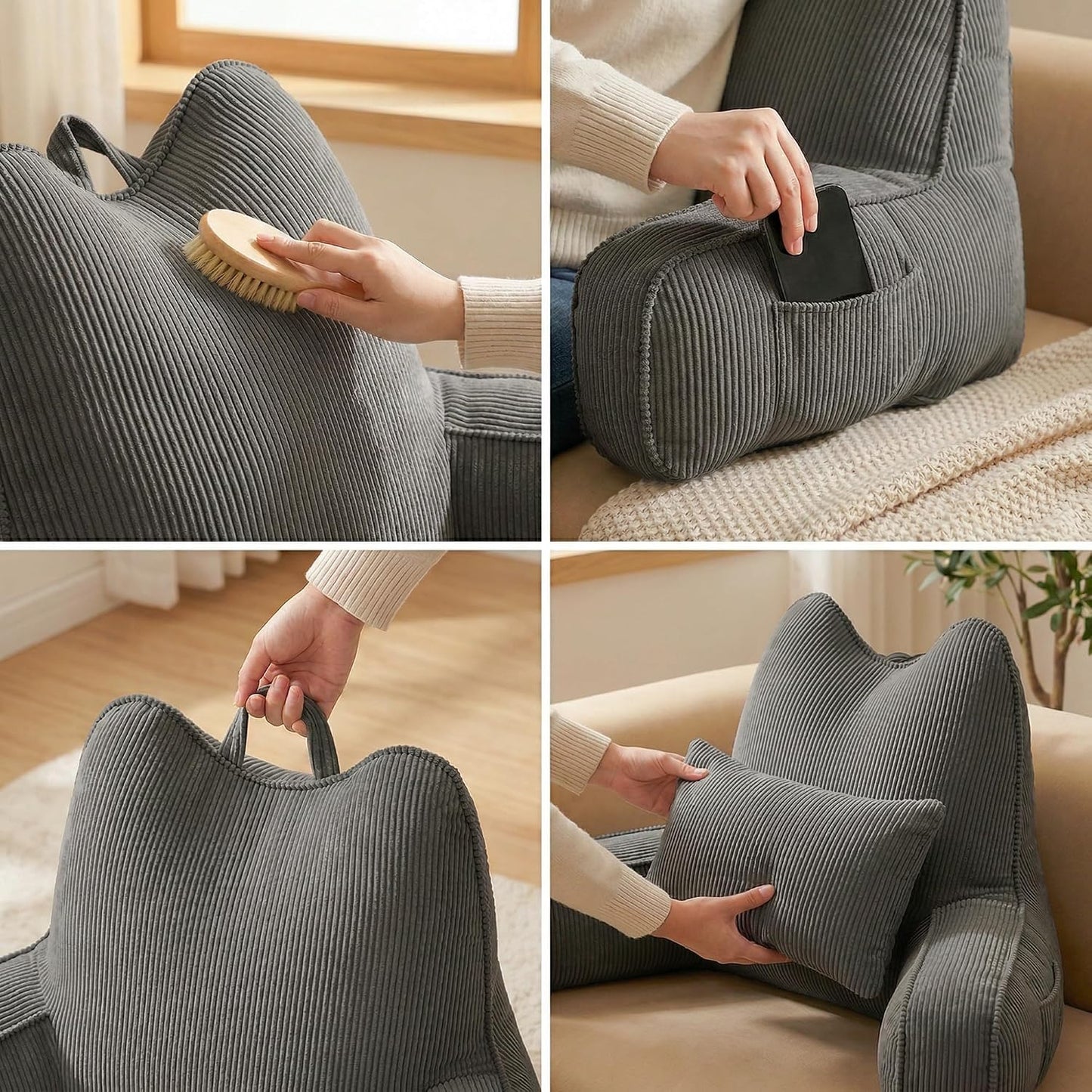 Patented Design Reading Pillow with Arms for Sitting Up, 2-in-1 Bed Rest Pillow with Detachable Lumbar Support, Backrest Support Cushion for Couch with Side Pockets & Handle, Beige Gray