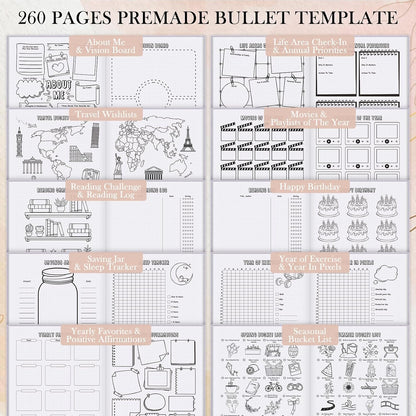Everloria Premade Dotted Journal Notebook, 12 Months Pre-made Bullet Templates, 260 Hand-Drawn Coloring Pages, Undated Weekly & Monthly Planner, 7.8"x9.3" Linen Dot Grid Habit Mood Tracker, Lilac