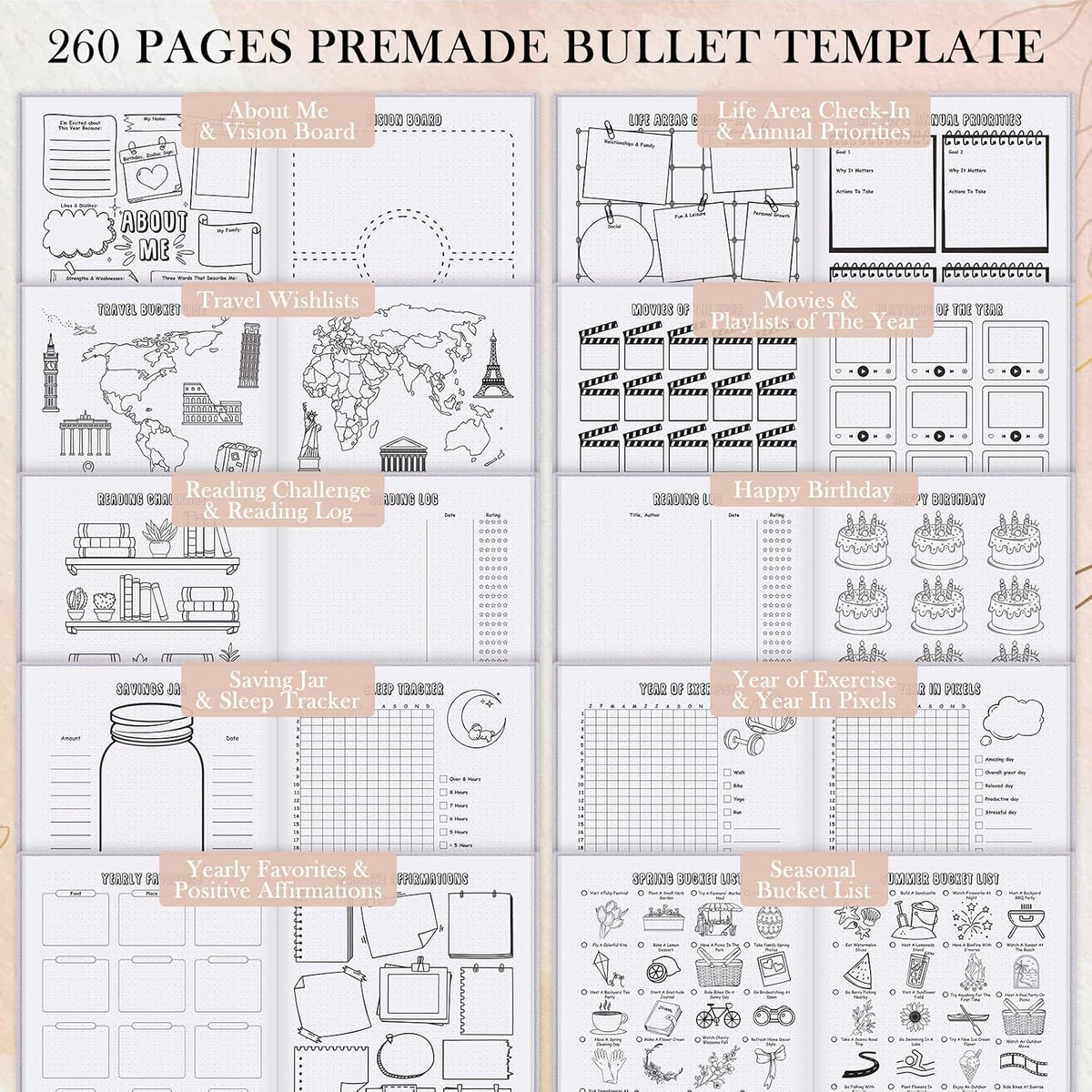 Everloria Premade Dotted Journal Notebook, 12 Months Pre-made Bullet Templates, 260 Hand-Drawn Coloring Pages, Undated Weekly & Monthly Planner, 7.8"x9.3" Linen Dot Grid Habit Mood Tracker, Lilac