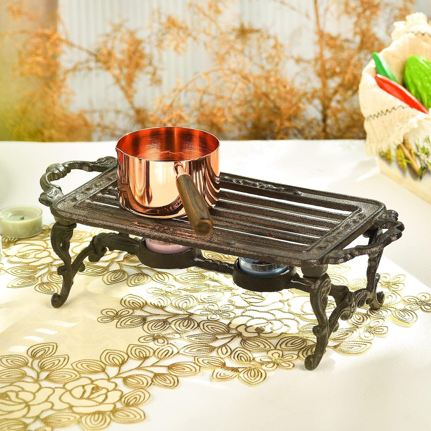 Sungmor Cast Iron Teapot Warmer - Rustic Design with Tealight Holder | Heavy Duty & Decorative Candle Holder Stands for Heat Food Coffee Milk or Tea