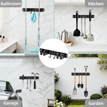 Broom Holder Wall Mount, Stainless Steel Mop and Broom Organizer, Broom Hanger with 2 Slots 2 Hooks for Home Kitchen, Garage, Garden and Laundry Room, Black