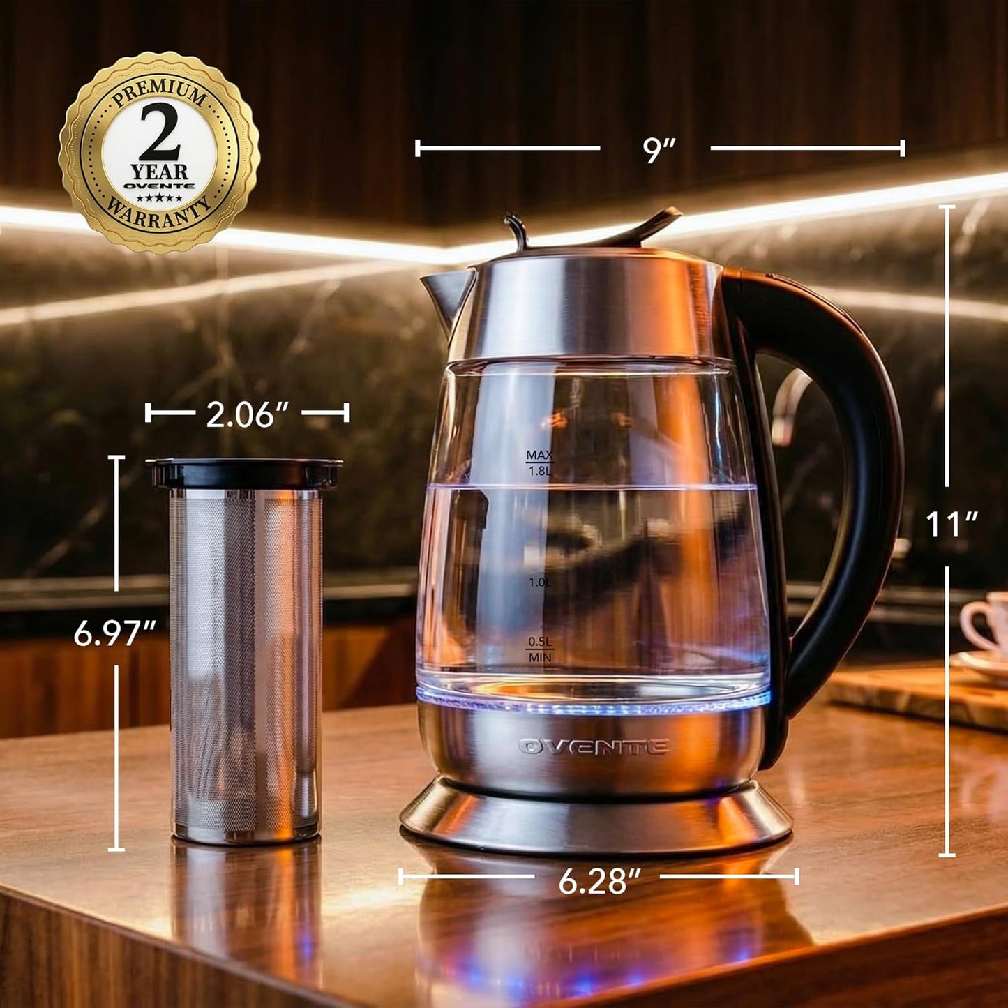 OVENTE 1.8L Glass Electric Kettle with Tea Infuser, Silver KGD752S | 1500W Fast Boiling, Easy Fill Lid, 7 Temperature Control, Keep Warm, Digital Display, Auto Shut-Off, Boil-Dry Protection