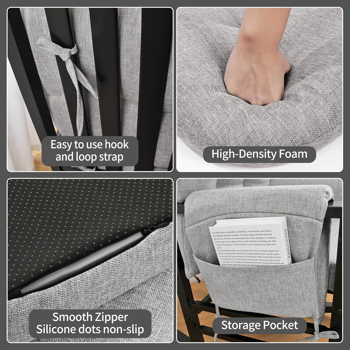 BUYUE Glider Rocker Replacement Cushion 5 PCS with Ties, Linen High-Density Foam Non-Slip & Washable Rocking Chair Pads for Sitting,Red