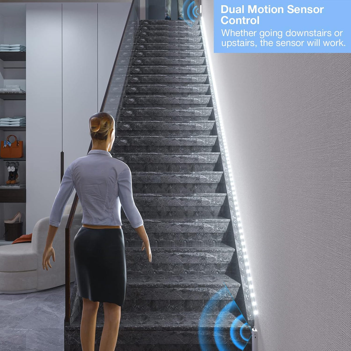 WOBANE Motion Sensor Stair Strip Lights,Rechargeable LED Closet Light,White