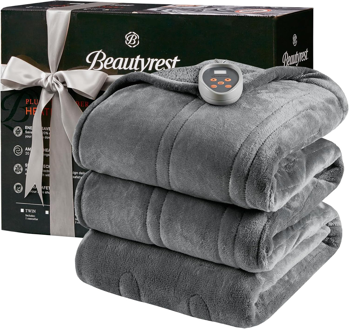 Beautyrest Reversible Heated Throw - Plush Sherpa Heating Blanket, Grey