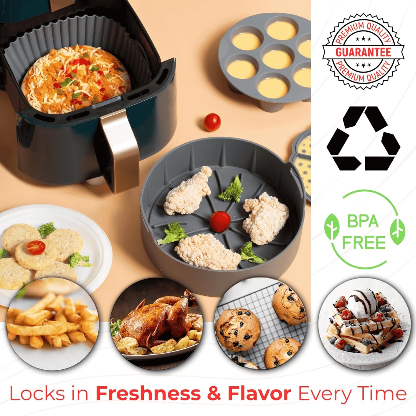 EM 4-pc Silicone Air Fryer Liners Baking Set for Cake, Donut, Waffle, and Brownie - Reusable Silicone Baking Molds for 3-5 Qt Airfryers - Easy to Clean Air Fryer Baking Accessories for Home Bakers