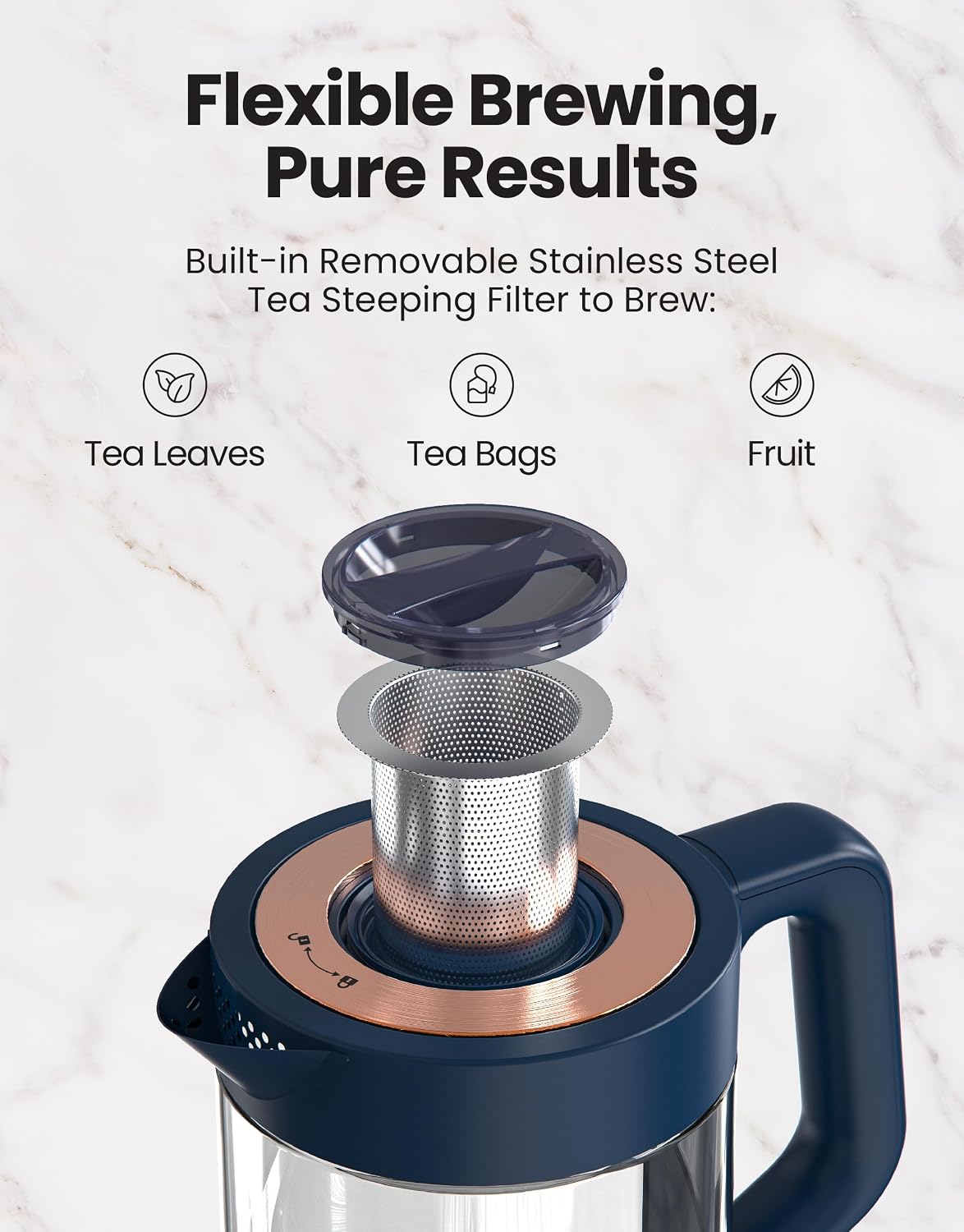 Viante Alba Electric Tea Kettle With Infuser, No Plastic, 1.5L | Borosilicate glass & 304 stainless steel construction. 4 temp presets, keep-warm, cordless, auto shut-off