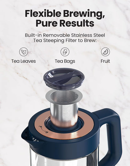 Viante Alba Electric Tea Kettle With Infuser, No Plastic, 1.5L | Borosilicate glass & 304 stainless steel construction. 4 temp presets, keep-warm, cordless, auto shut-off
