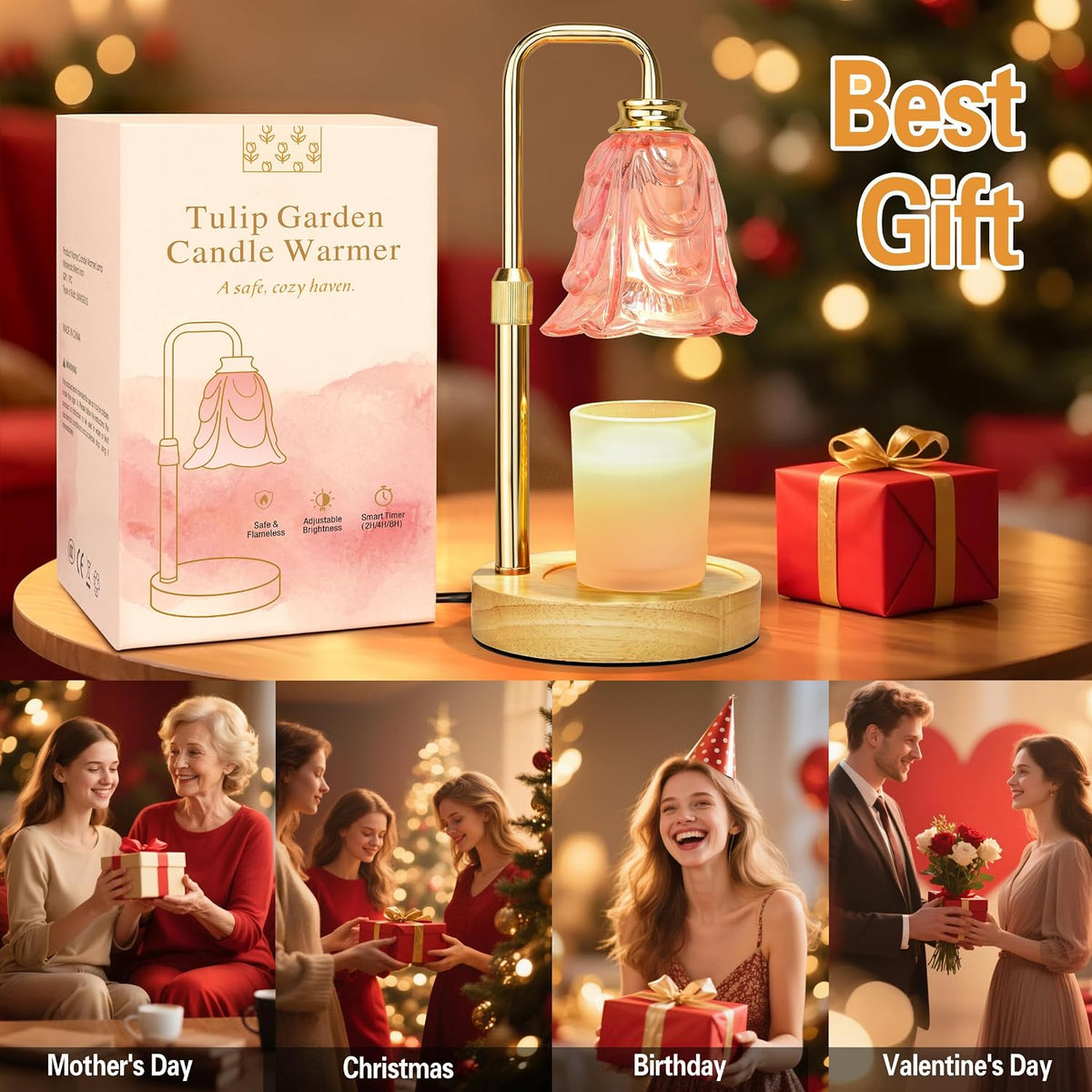 XJZJY Pink Flower Candle Warmer Lamp with Timer, Birthday Gifts for Women