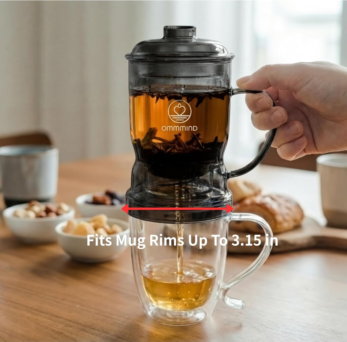 Glass Tea Infuser, Easy Drain for Loose Leaf, 15.2 oz, Black | Fits rims under 3.15 in; set on mug to drain, lift to stop, helps limit bitterness. Dishwasher safe; tea bags, herbs, coffee