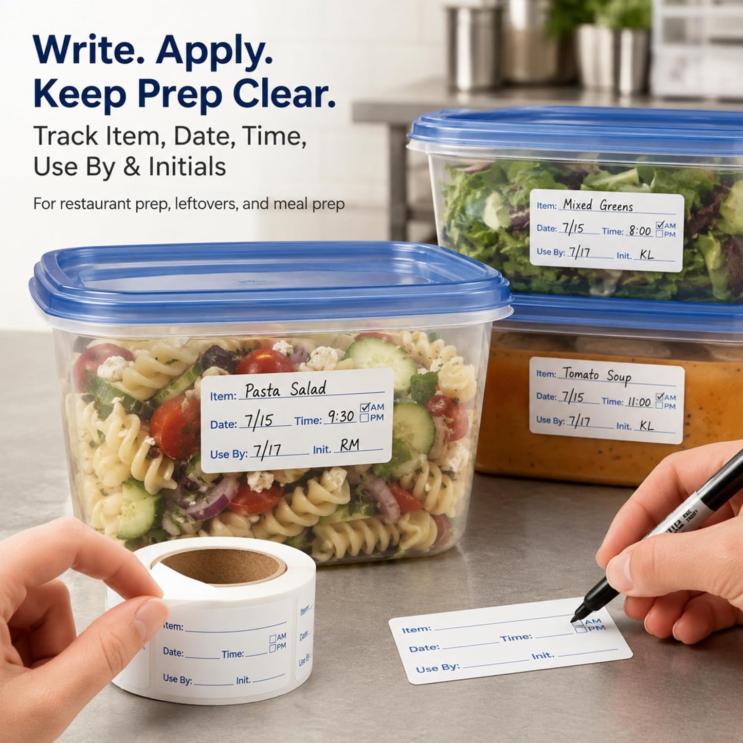 Water Dissolvable Food Prep Rotation Labels, 1 x 2, 500/Roll | Writable Prep Date and Use By Stickers for Homes, Restaurants, Kitchens, Freezers, Meal Prep and Food Storage. Made in USA